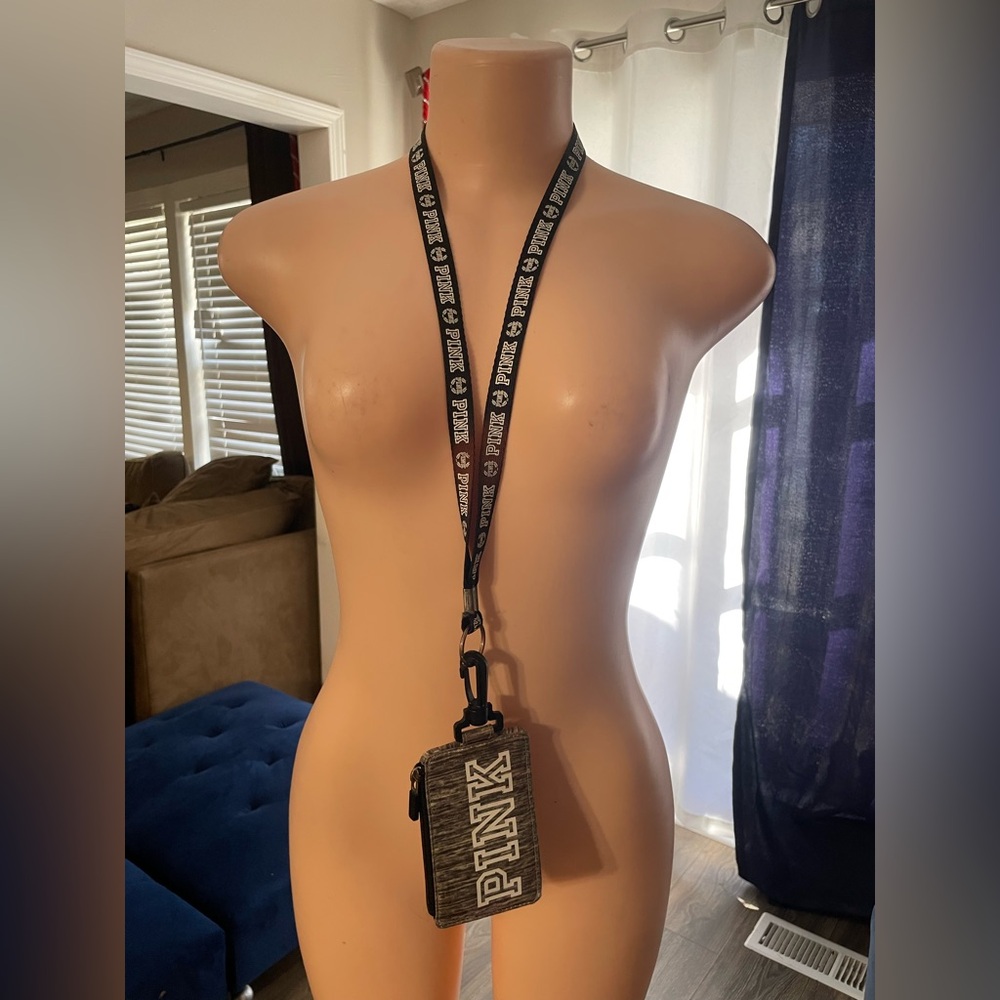 Victoria's Secret Pink lanyard wallet/ID holder in a gray and black marl print